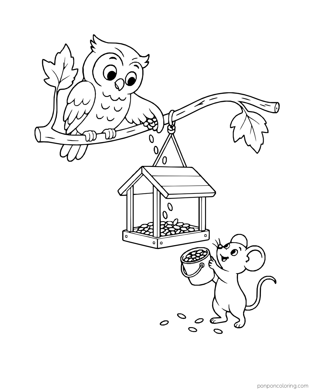 An owl perches above a hanging feeder while a mouse holds a small bowl of seeds below.