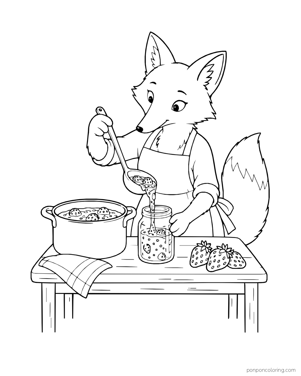 A fox wearing an apron pours jam from a ladle into a small jar beside a pot and strawberries.