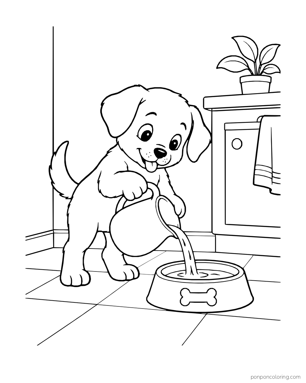 A puppy tips a jug into a low water bowl in a kitchen corner.