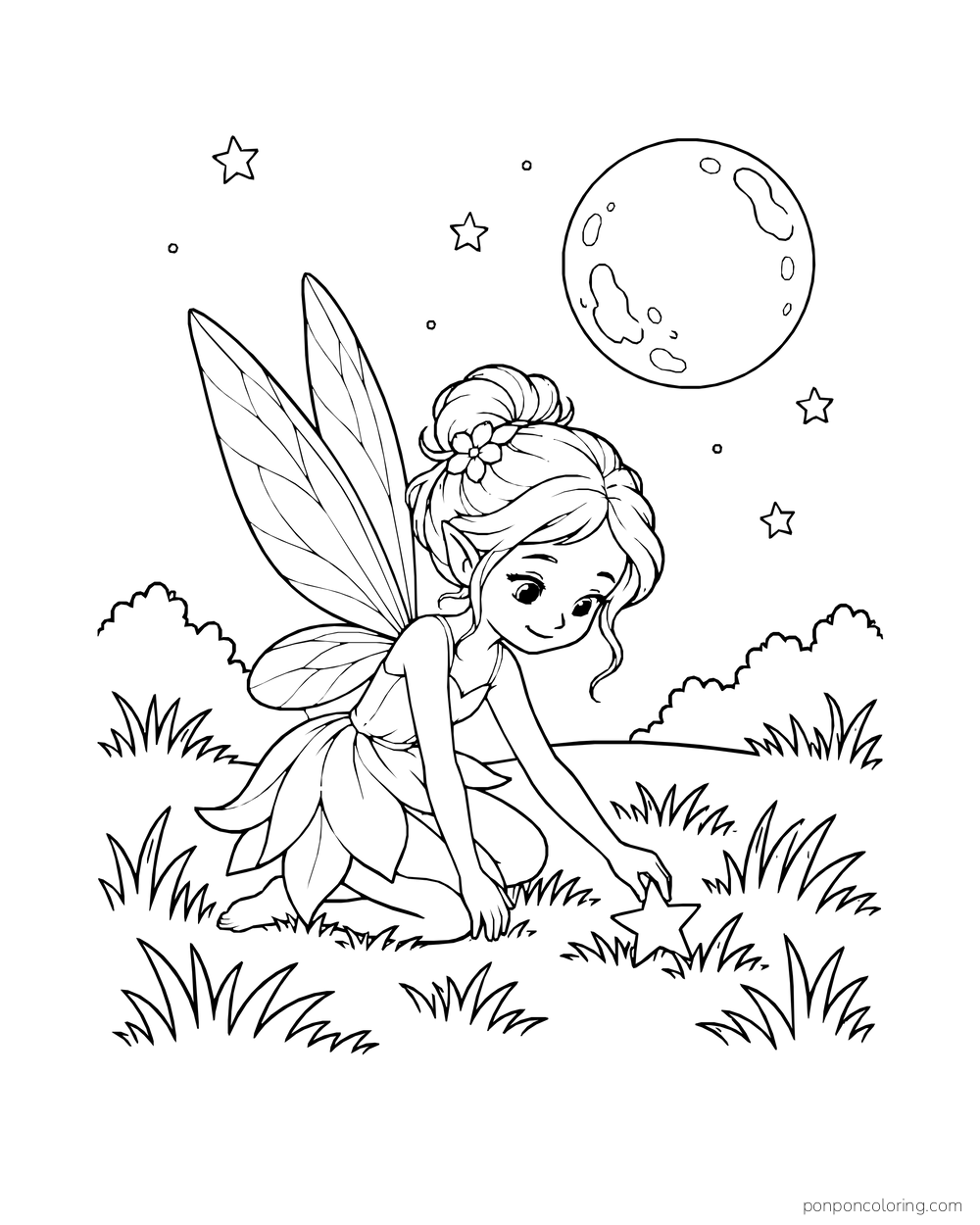 Fairy kneeling in grass to pick up a fallen star beneath a moon.