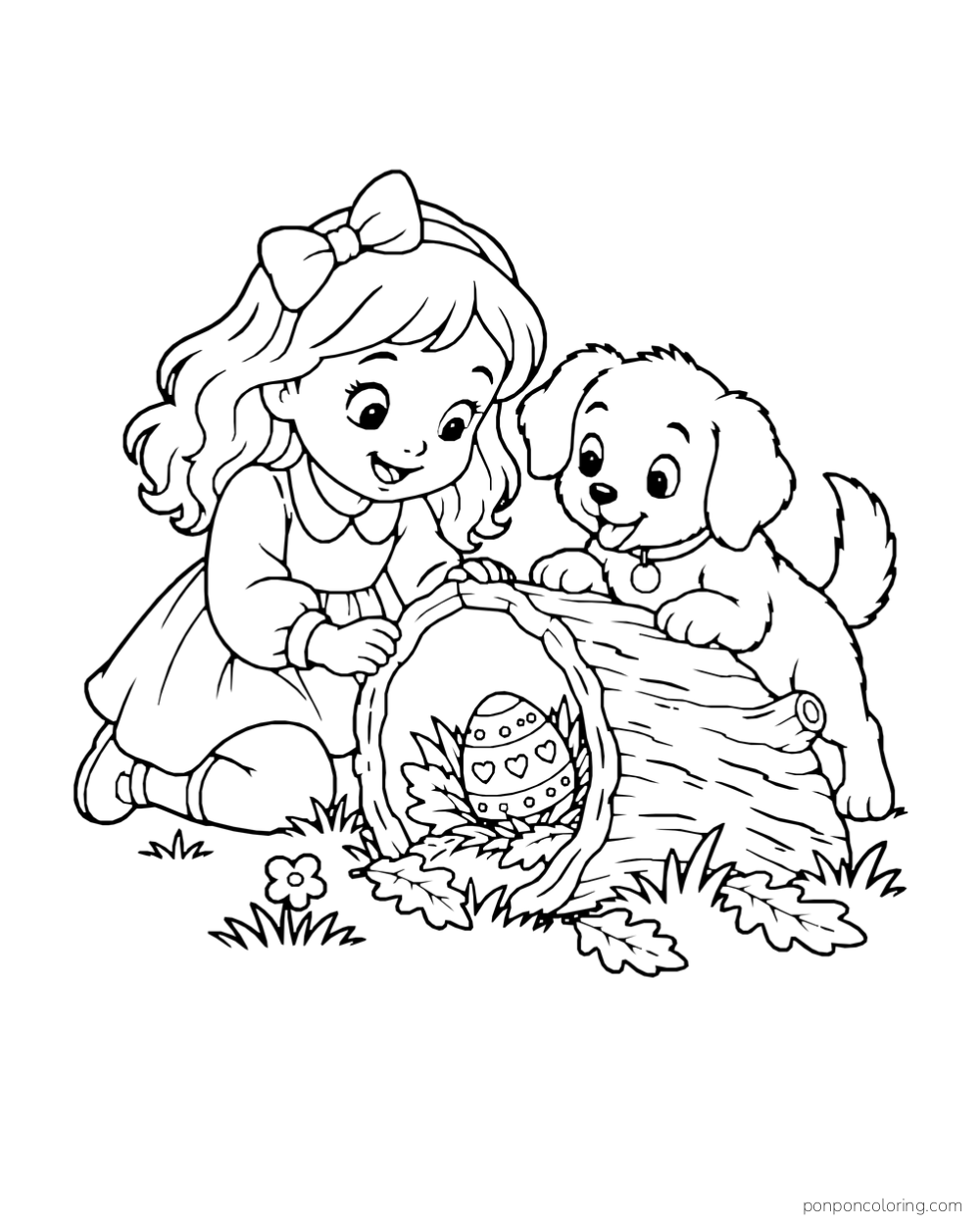 A girl and puppy discover a heart-patterned Easter egg among leaves inside a hollow log.