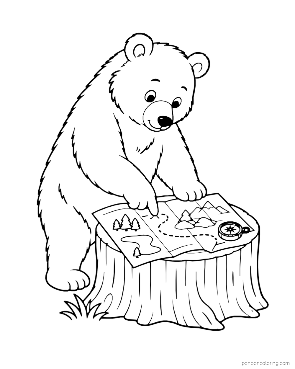 A bear points to a folded map on a tree stump beside a small compass.