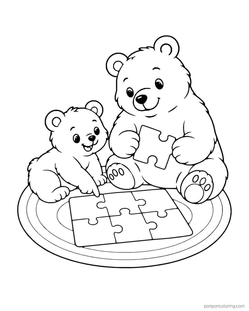 Two bears of different sizes work on a large-piece jigsaw puzzle on a round mat.