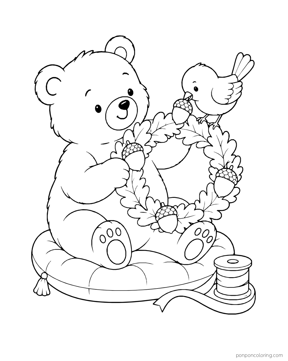A bear holds a leafy acorn wreath while a small bird adds an acorn, with ribbon and a cushion nearby.