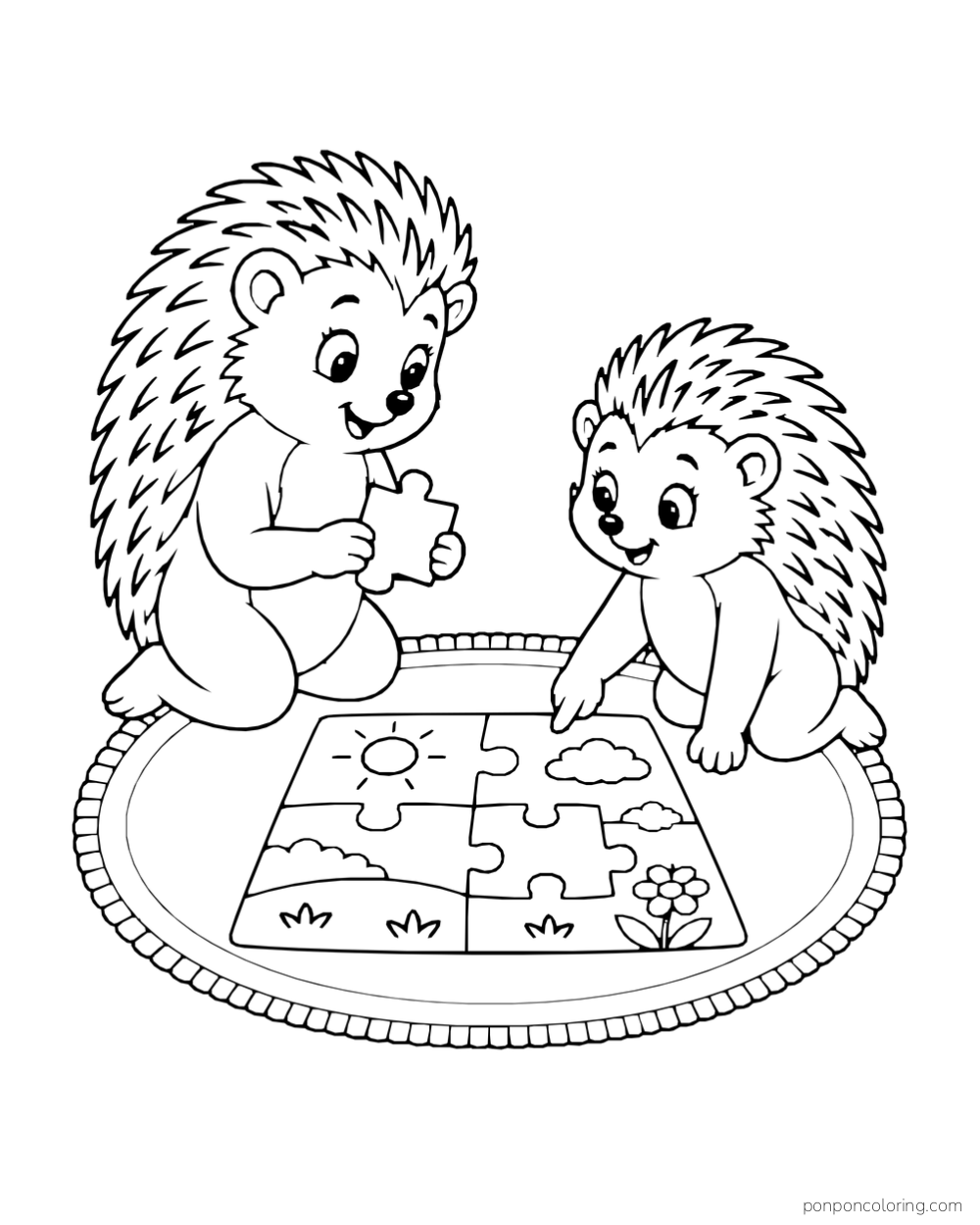 Two hedgehogs work on a large-piece picture puzzle spread on a round rug.