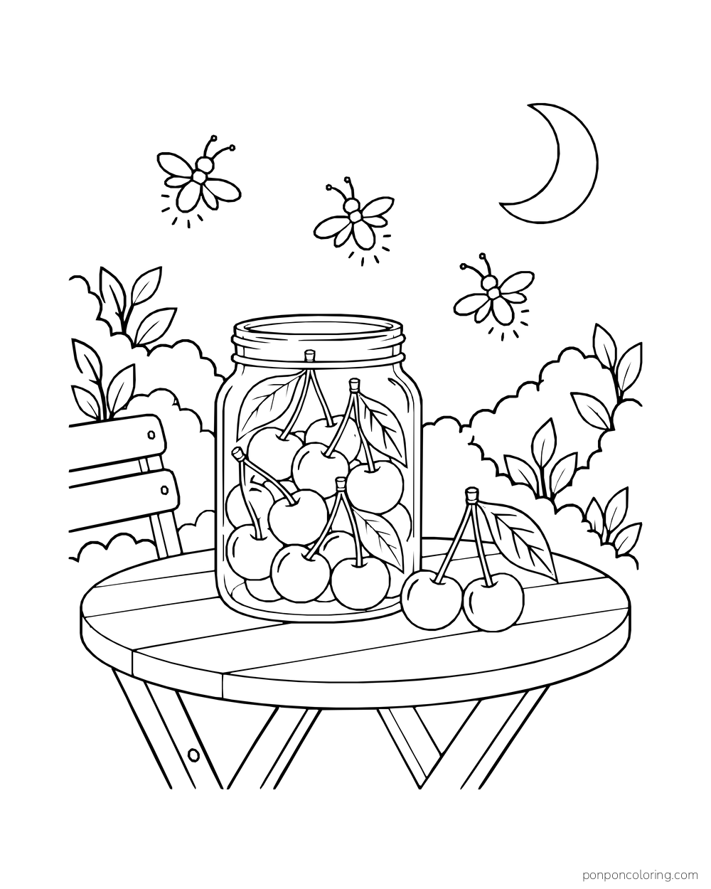 A clear jar of cherries rests on an outdoor table beneath fireflies and a crescent moon.
