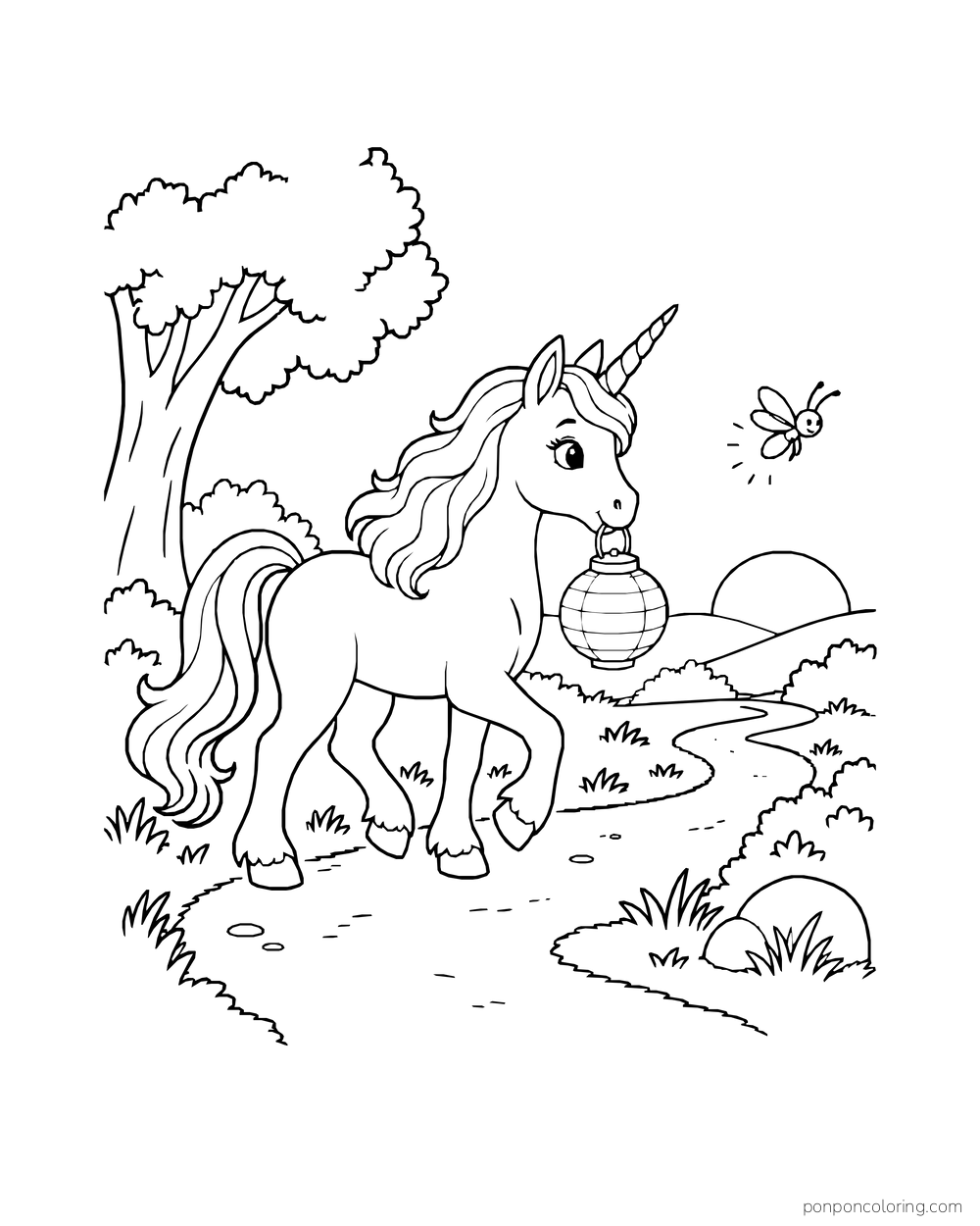 A lantern-carrying unicorn walks near a firefly at sunset along a winding path.