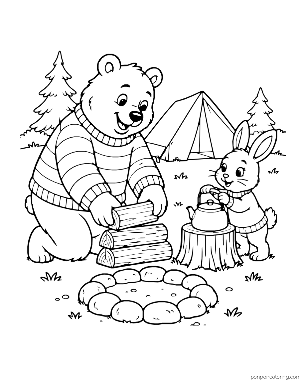 A bear stacks firewood while a rabbit places a kettle nearby at camp.