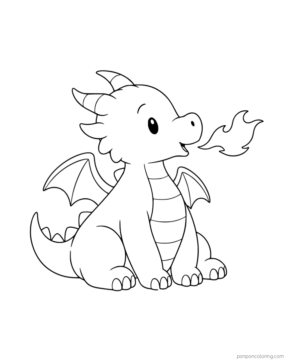 A little dragon sitting upright and breathing a small flame.