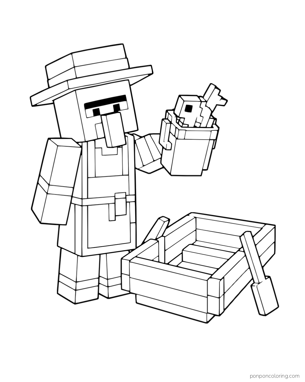 A fisherman villager holds a fish bucket beside a small boat and oar.