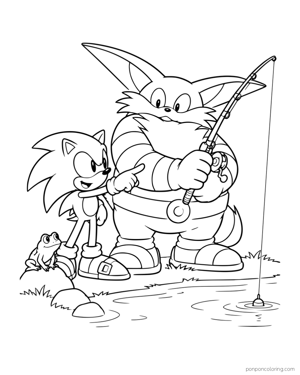 Big and Sonic standing beside the water with a fishing rod and Froggy nearby.