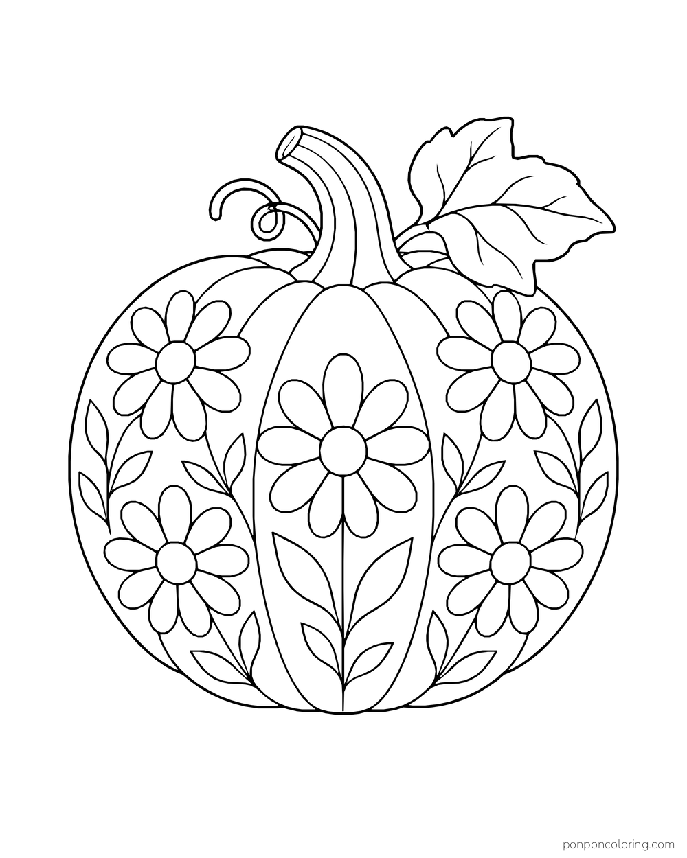 Five daisy-like flowers and leafy stems decorate a round pumpkin with a curved stem and leaf.