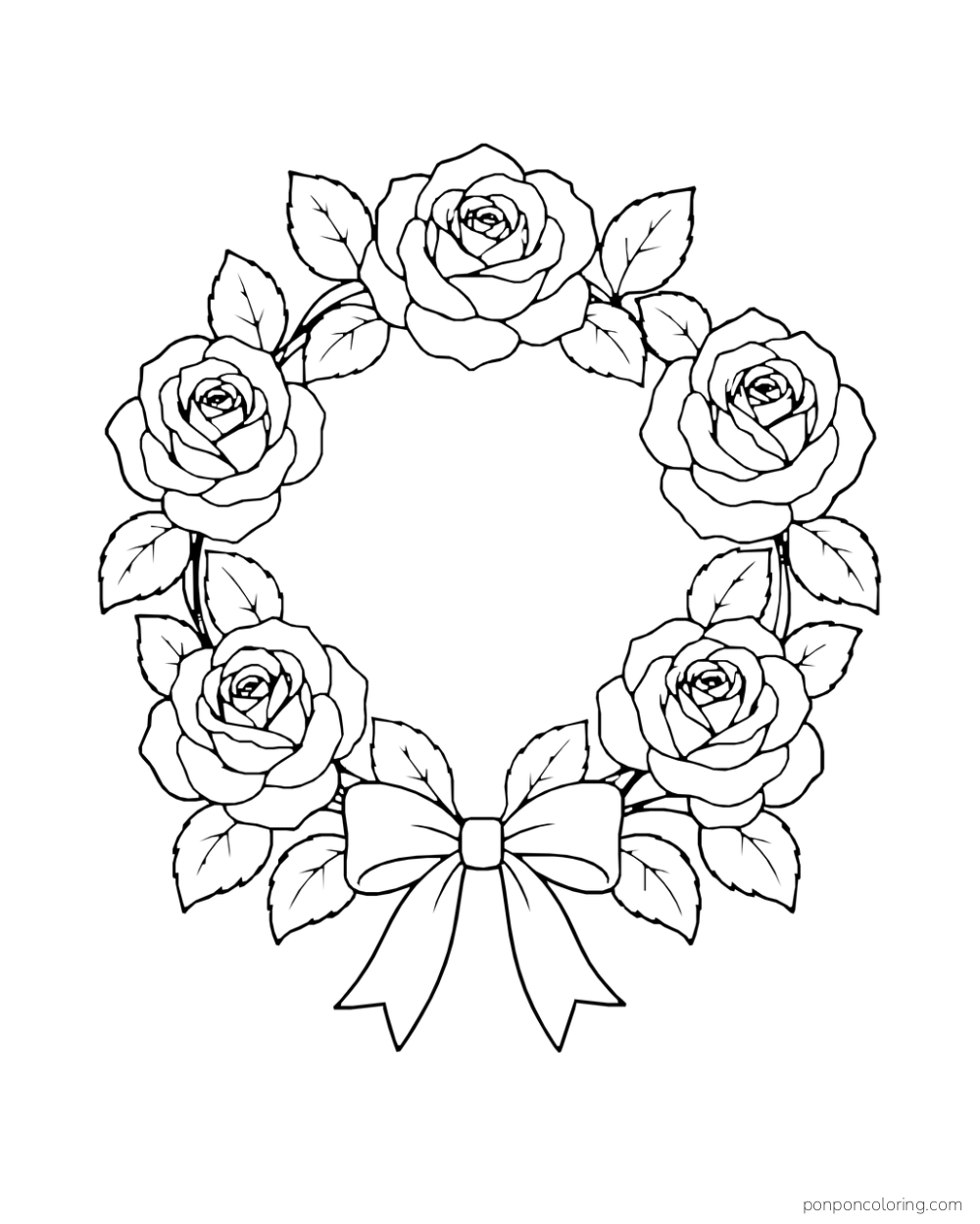 Round wreath of five large roses and leaves with a bow beneath an open center.