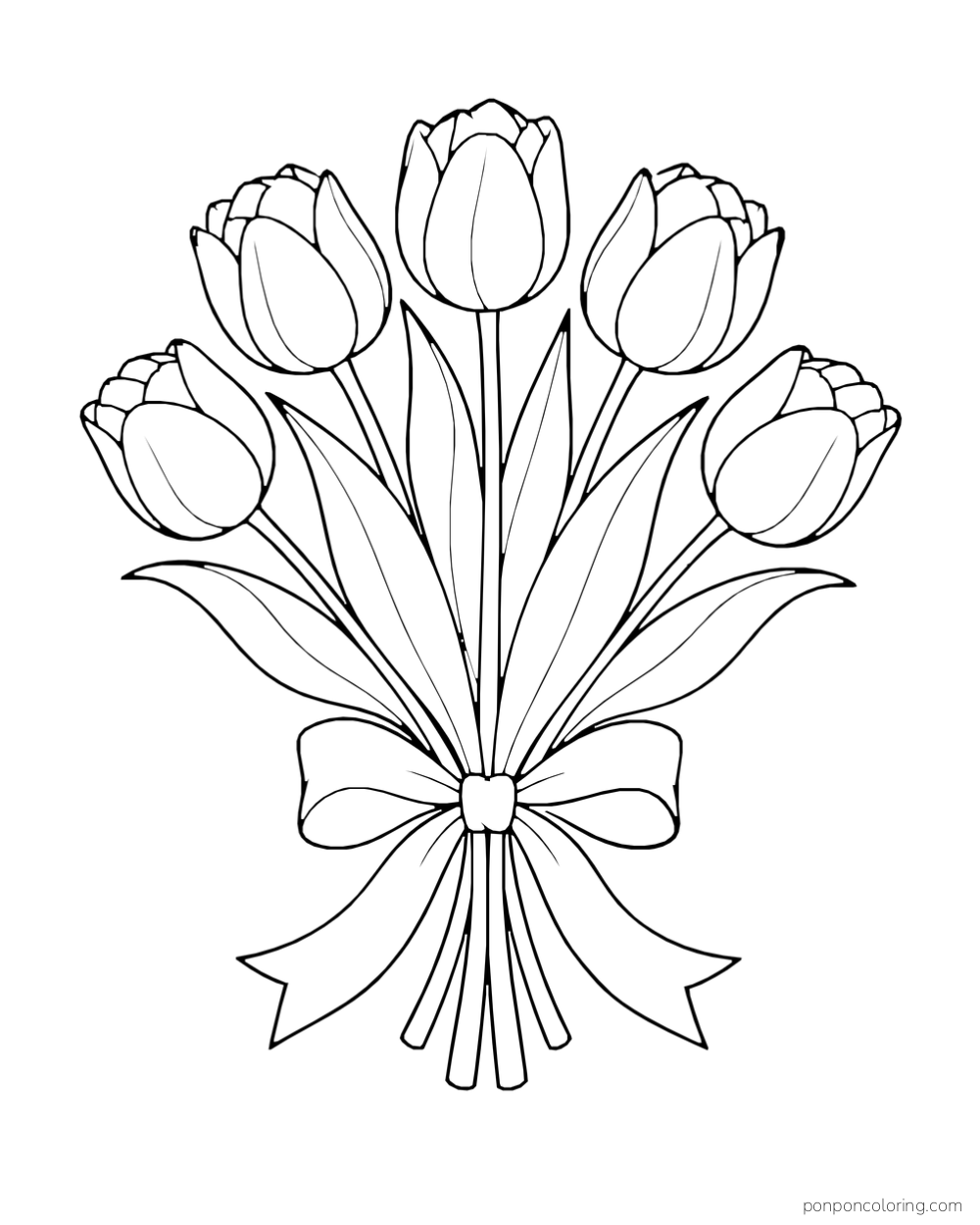 Five tulips spread like a fan above a bow and long stems.