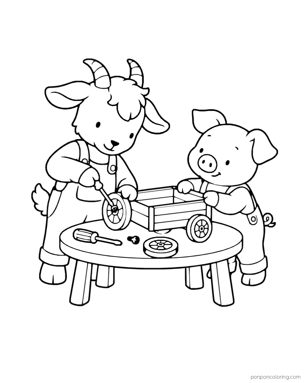 A goat uses a screwdriver on a wagon wheel while a pig holds the wagon on a table.