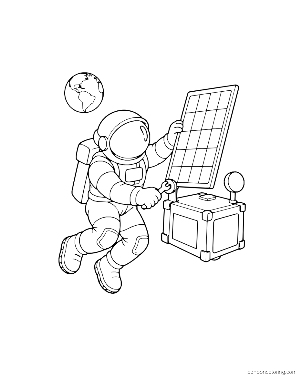 An astronaut turns a fastener on a satellite's wide solar panel with Earth in the distance.
