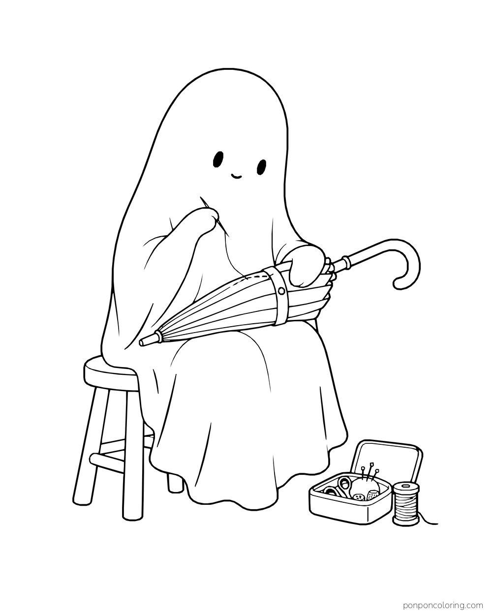 A seated ghost mends a folded umbrella with thread and a sewing box.