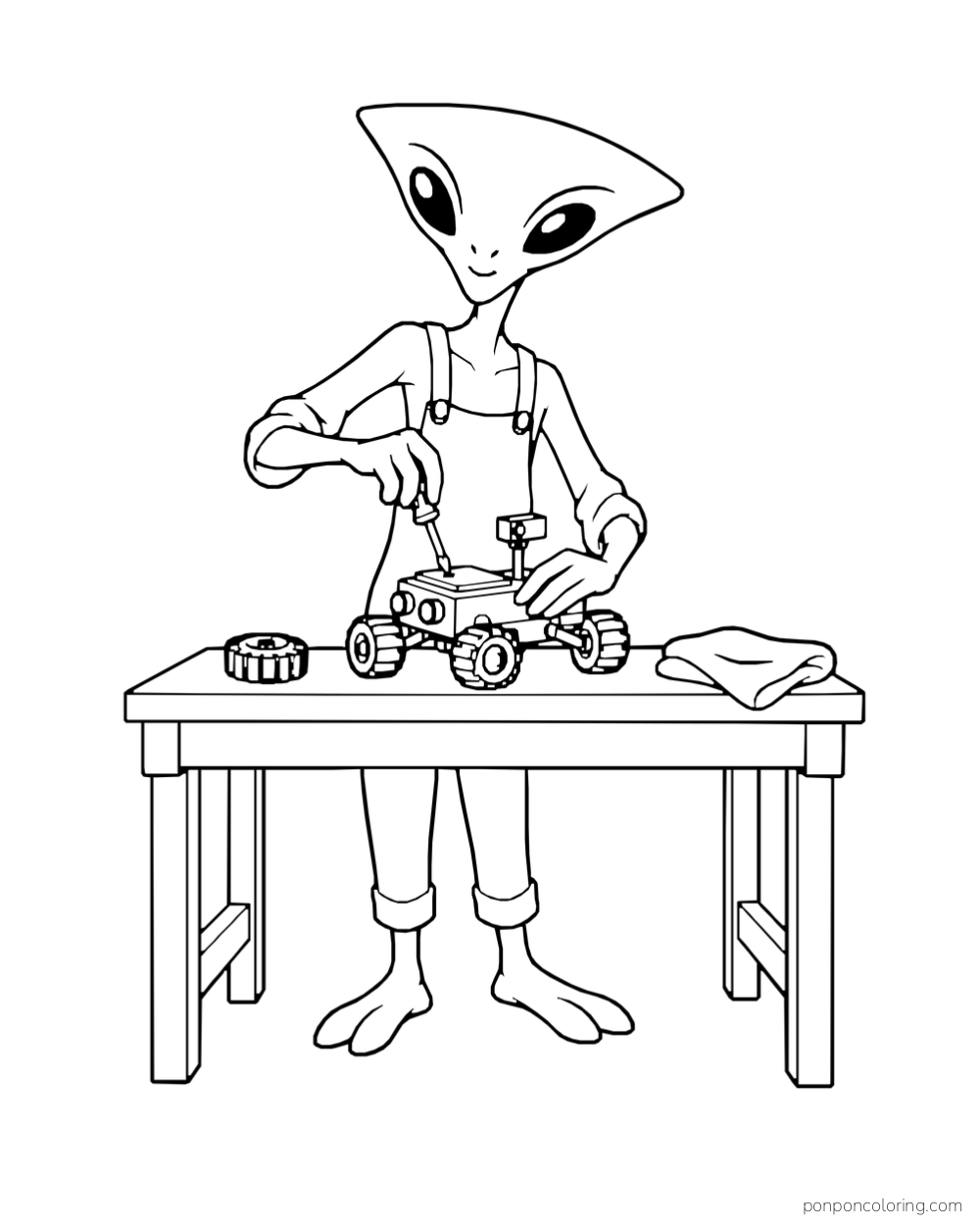 An alien repairs a toy rover on a workbench.