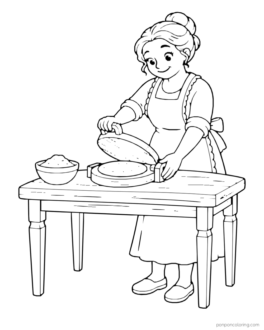 A cook holds open a wooden press over a round flatbread dough disc on a table.