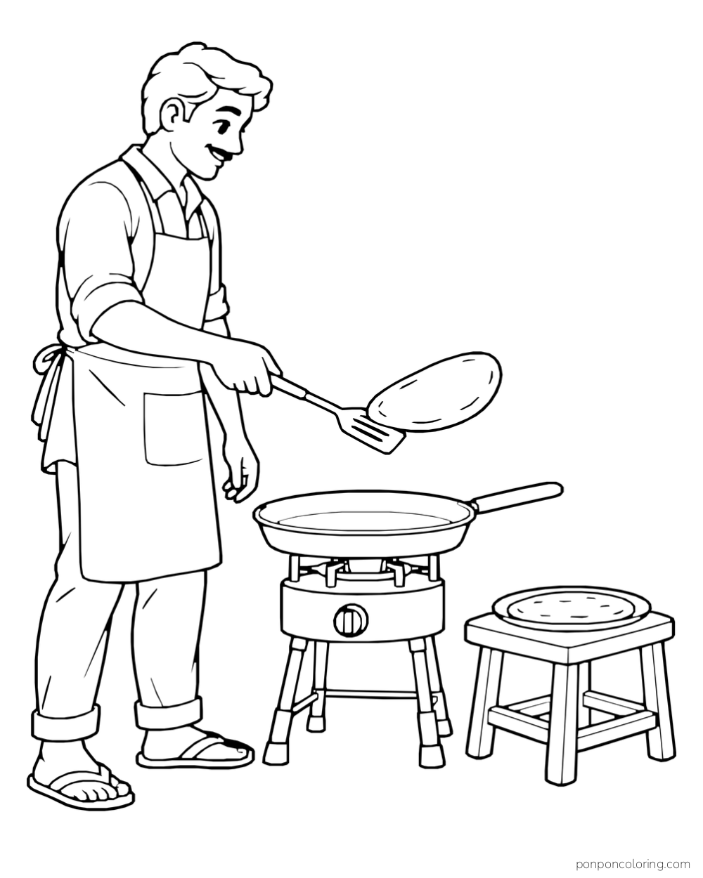 A baker holds a flatbread above a pan on a small stove, with another flatbread on a stool.