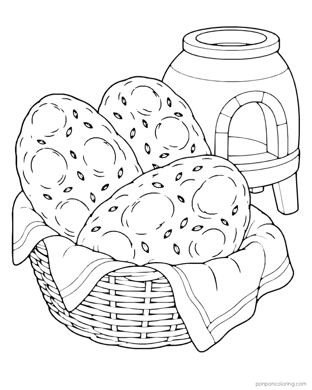 Several puffy flatbreads rest in a cloth-lined basket beside a rounded oven.