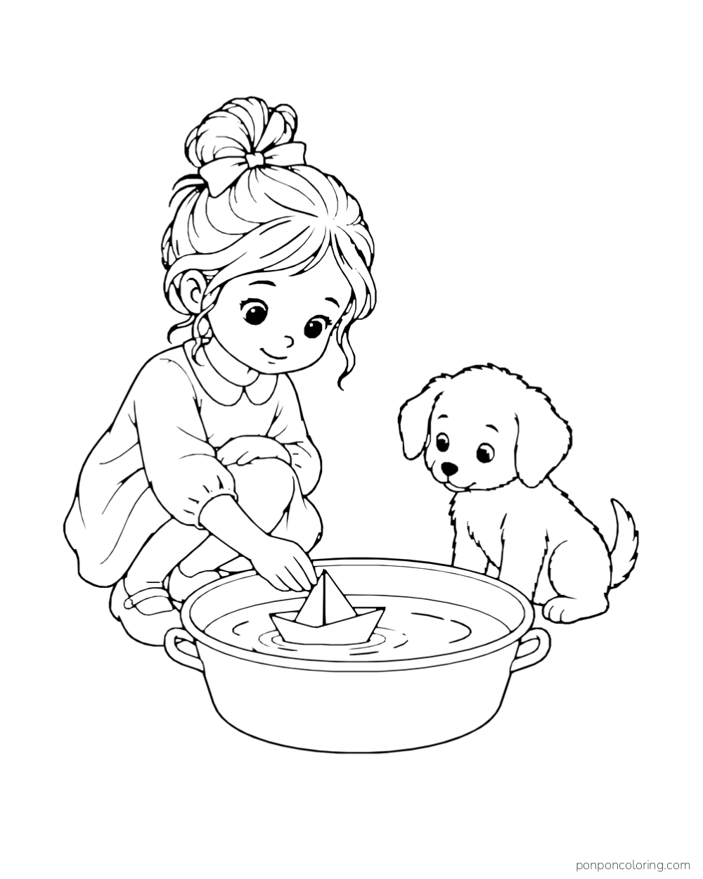 A girl kneels beside a basin and floats a paper sailboat while a puppy watches.