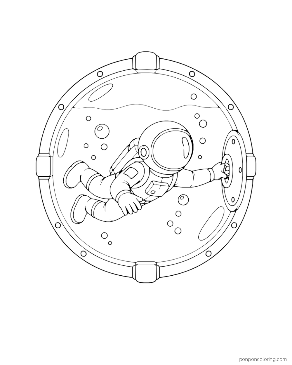 An astronaut floats inside a round water chamber and reaches toward a side hatch.