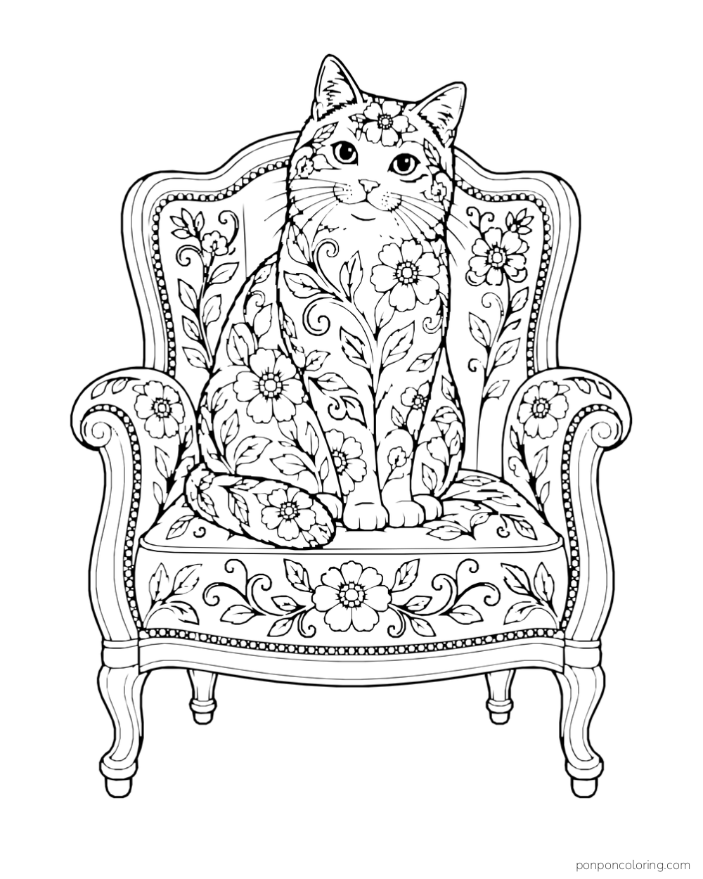 A cat and its ornate chair are filled with flower and leaf patterns.