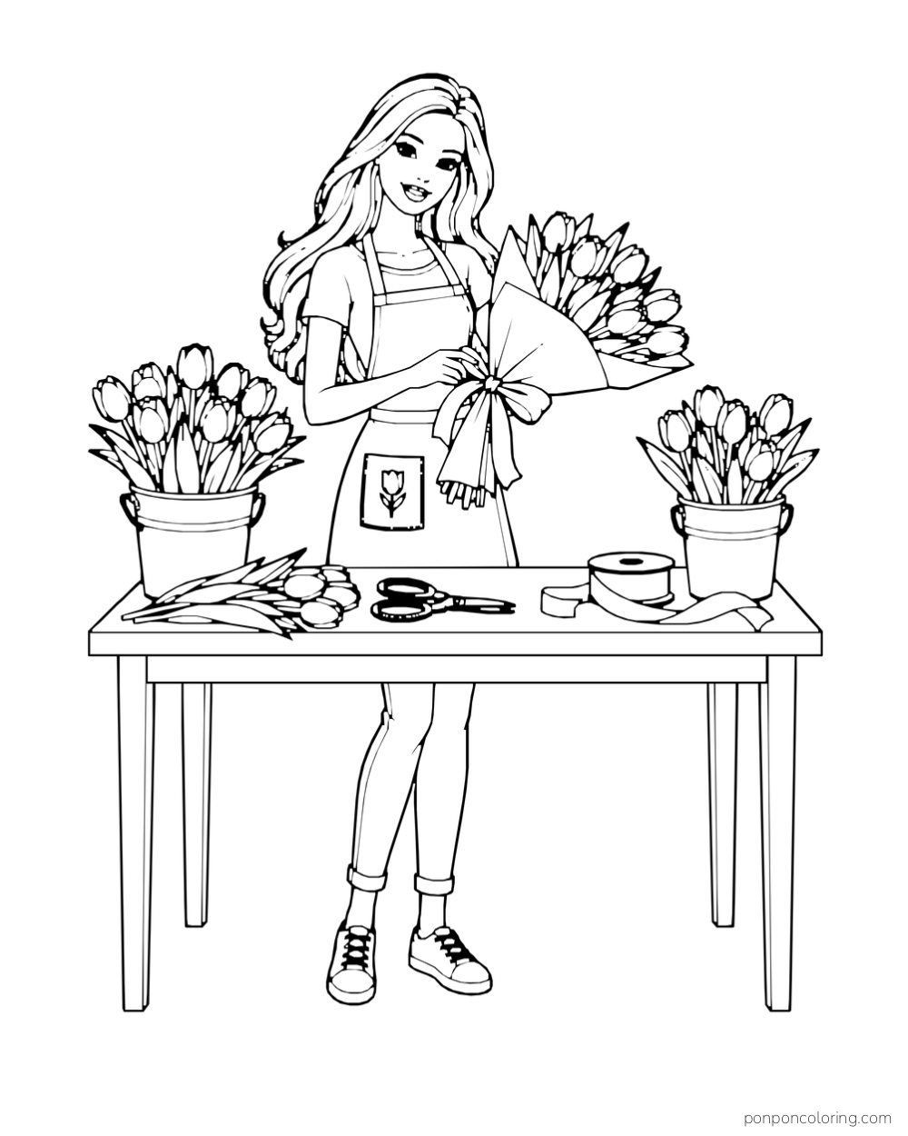 Barbie wraps a tulip bouquet at a table with ribbon, scissors and two buckets of flowers.