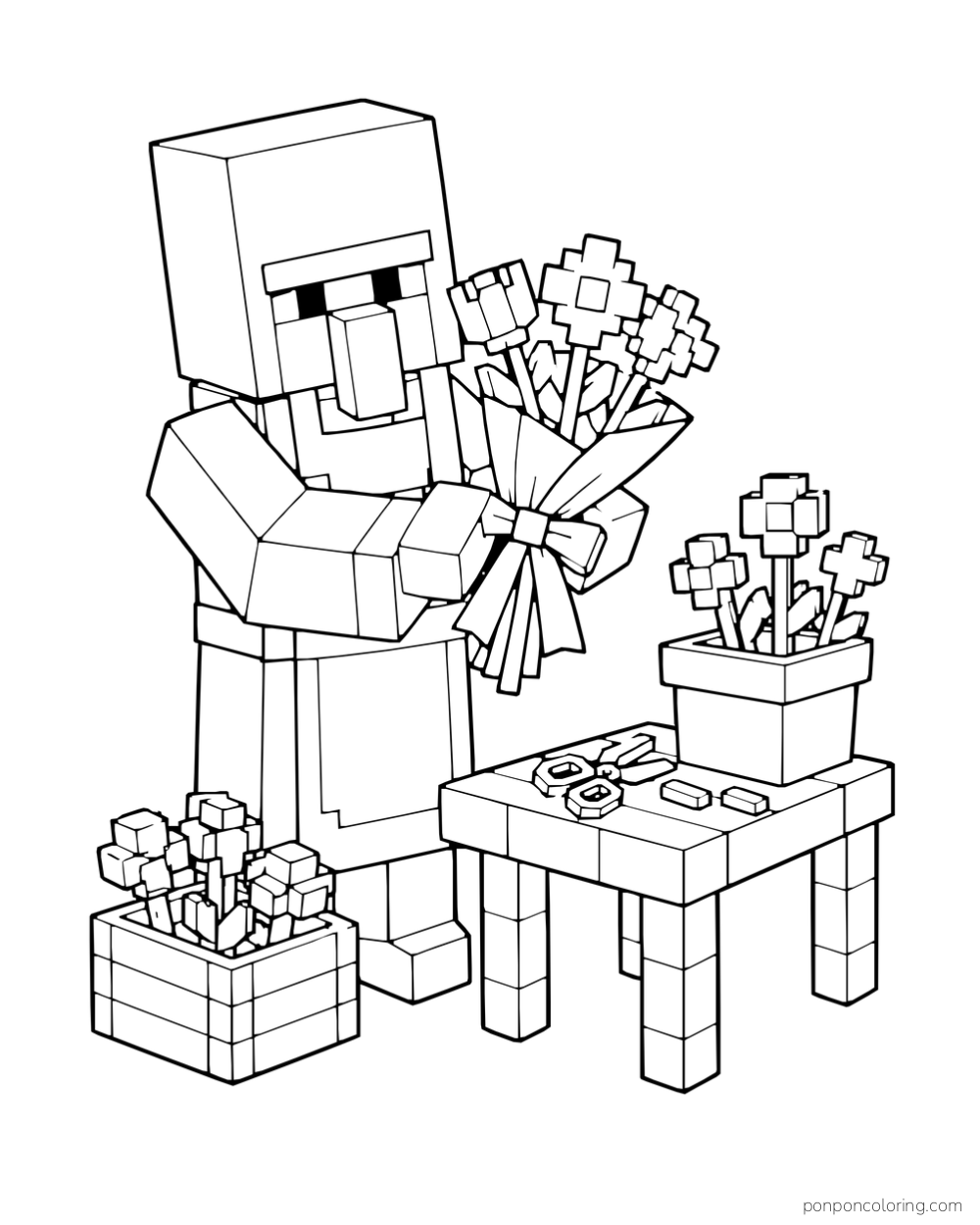 A villager ties a bouquet beside a small table with scissors and a flowerpot.