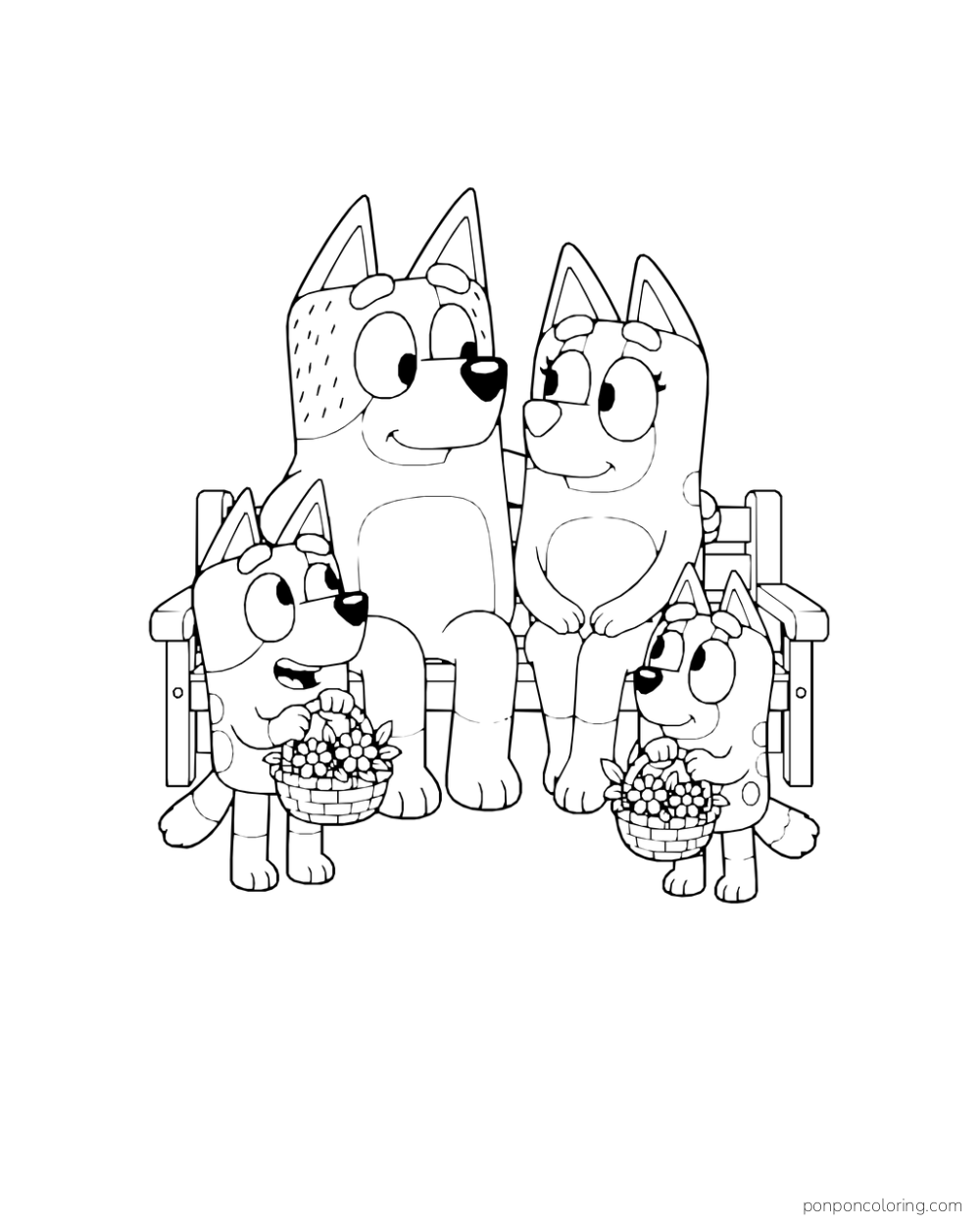 Bluey and Bingo hold baskets of flowers in front of Bandit and Chilli on a bench.