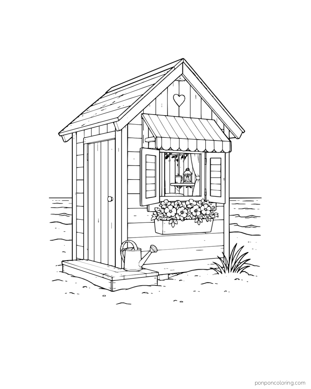 A small beach hut has a flower box beneath its window and a watering can nearby.