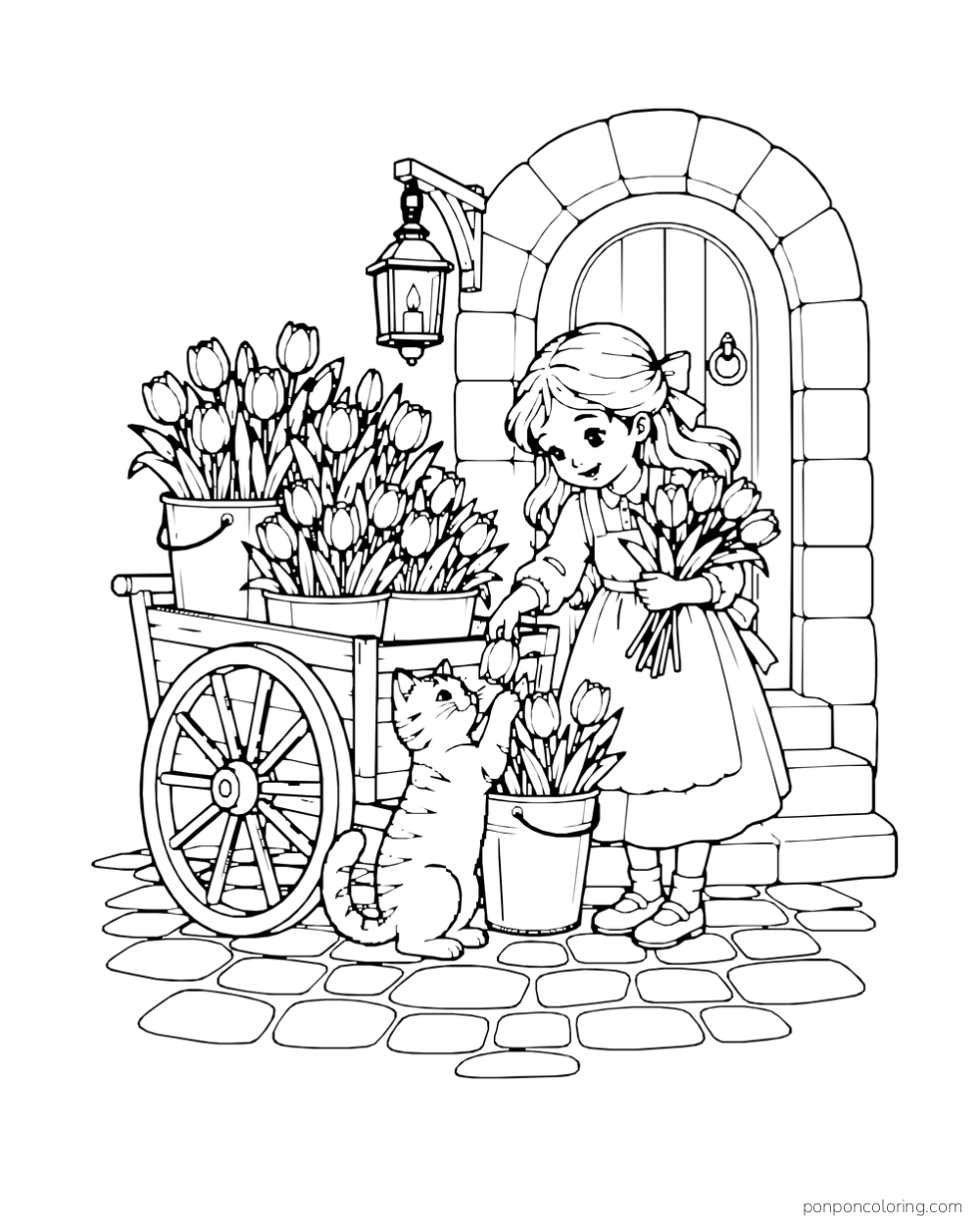 A child holding a bouquet beside a tulip cart, an arched doorway, and a cat.
