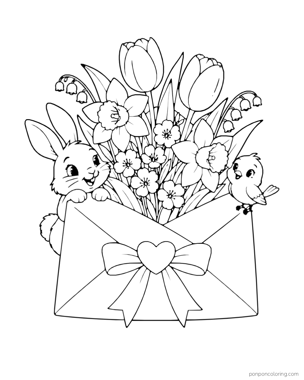 A rabbit and bird peek over an open envelope filled with spring flowers and tied with a bow.