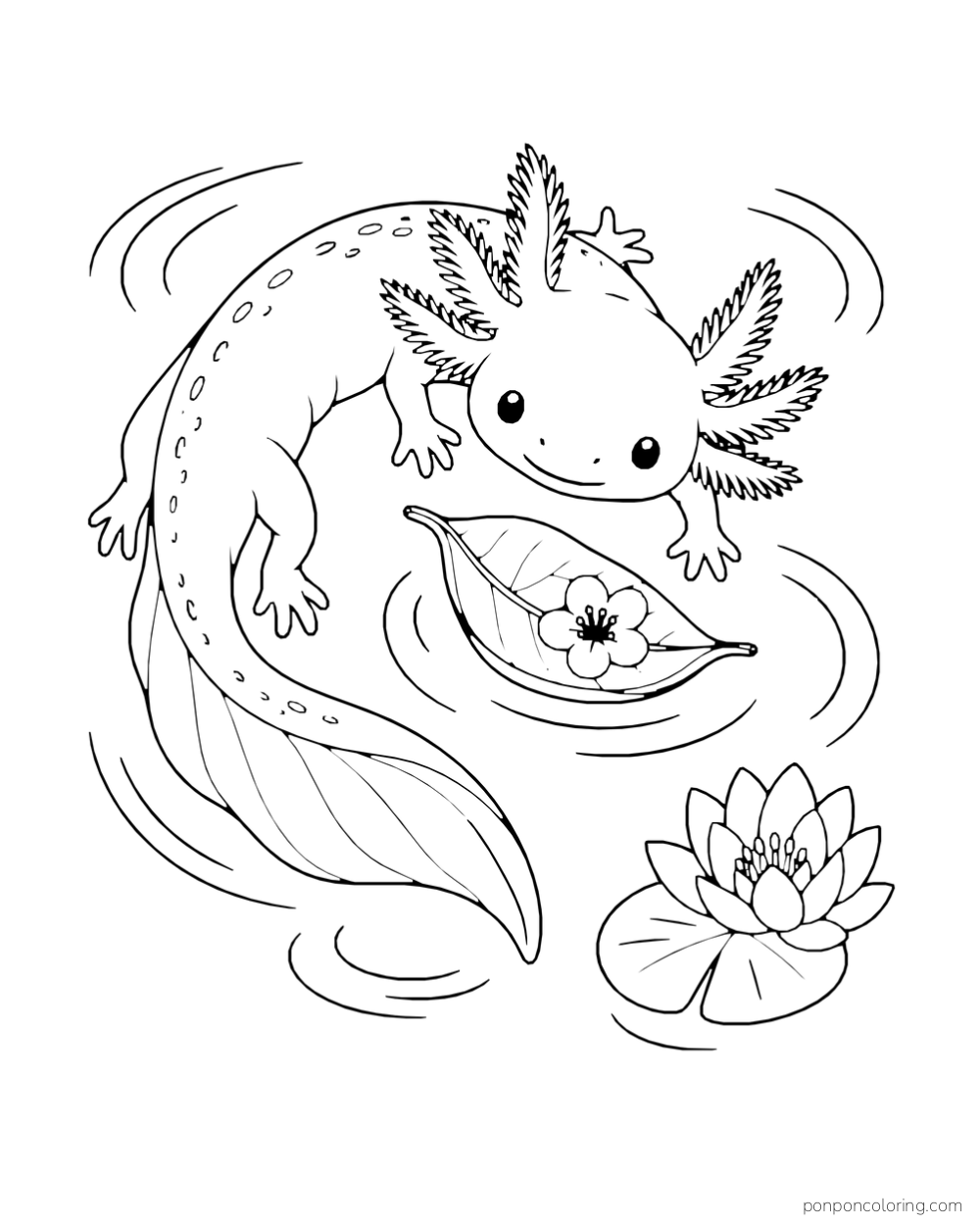 Axolotl curving around a leaf holding a small flower, with a separate pond flower nearby.
