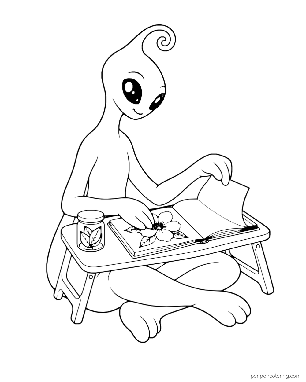 An alien presses a large flower into an open journal.