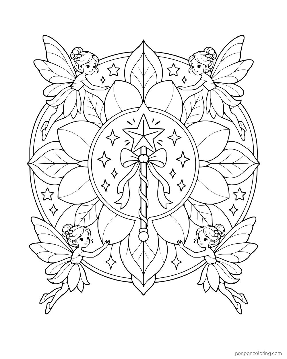 Flower mandala with four fairies around a wand and layered leaf shapes.