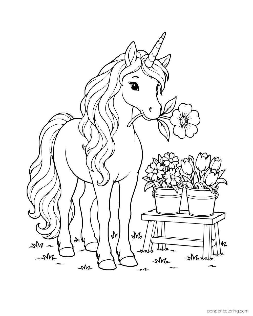 A unicorn carries one large flower past a short stand of potted blooms.