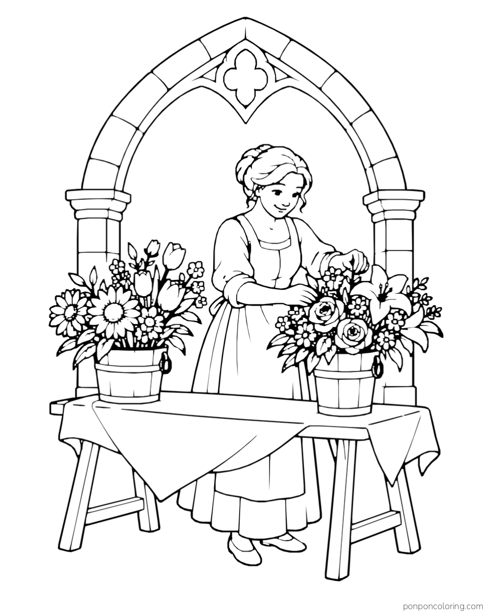 A flower seller arranging bouquets on a table beneath a pointed castle arch.