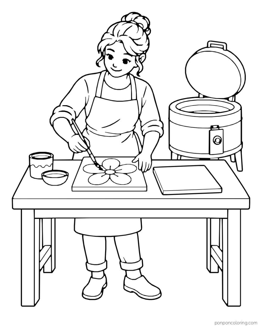 A woman working on a flower-shaped design at a table, with small containers, another square piece, and a round machine nearby.