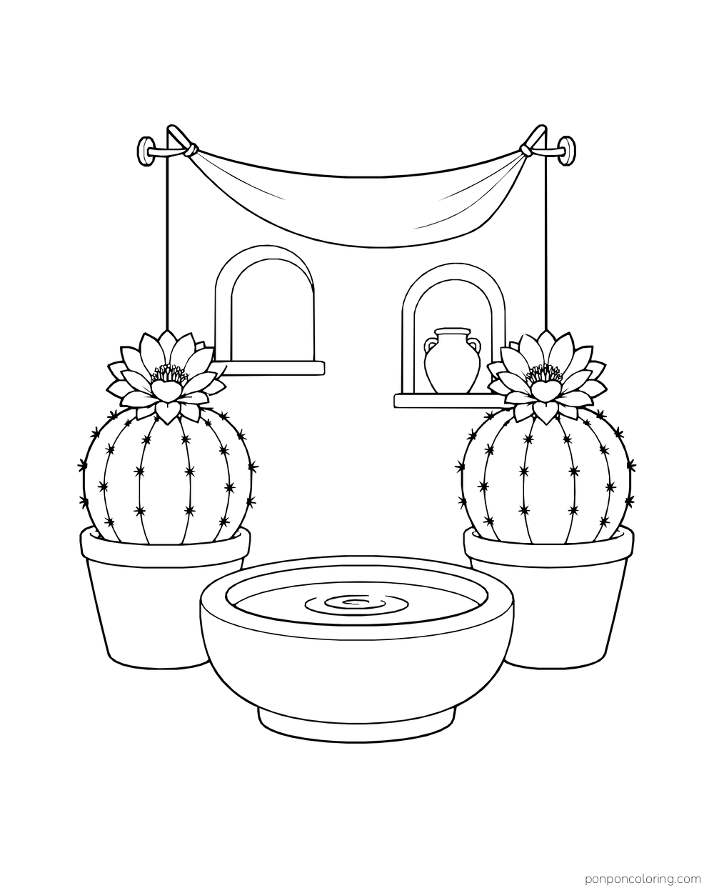 Two flowering barrel cacti in pots flank a round courtyard basin beneath a draped shade.
