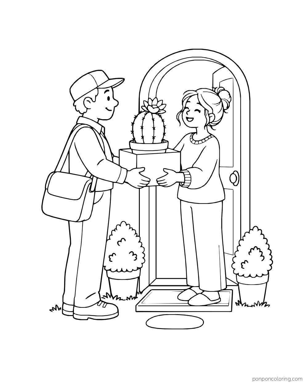 A mail carrier and resident hold a box containing a flowering potted cactus at an arched doorway.
