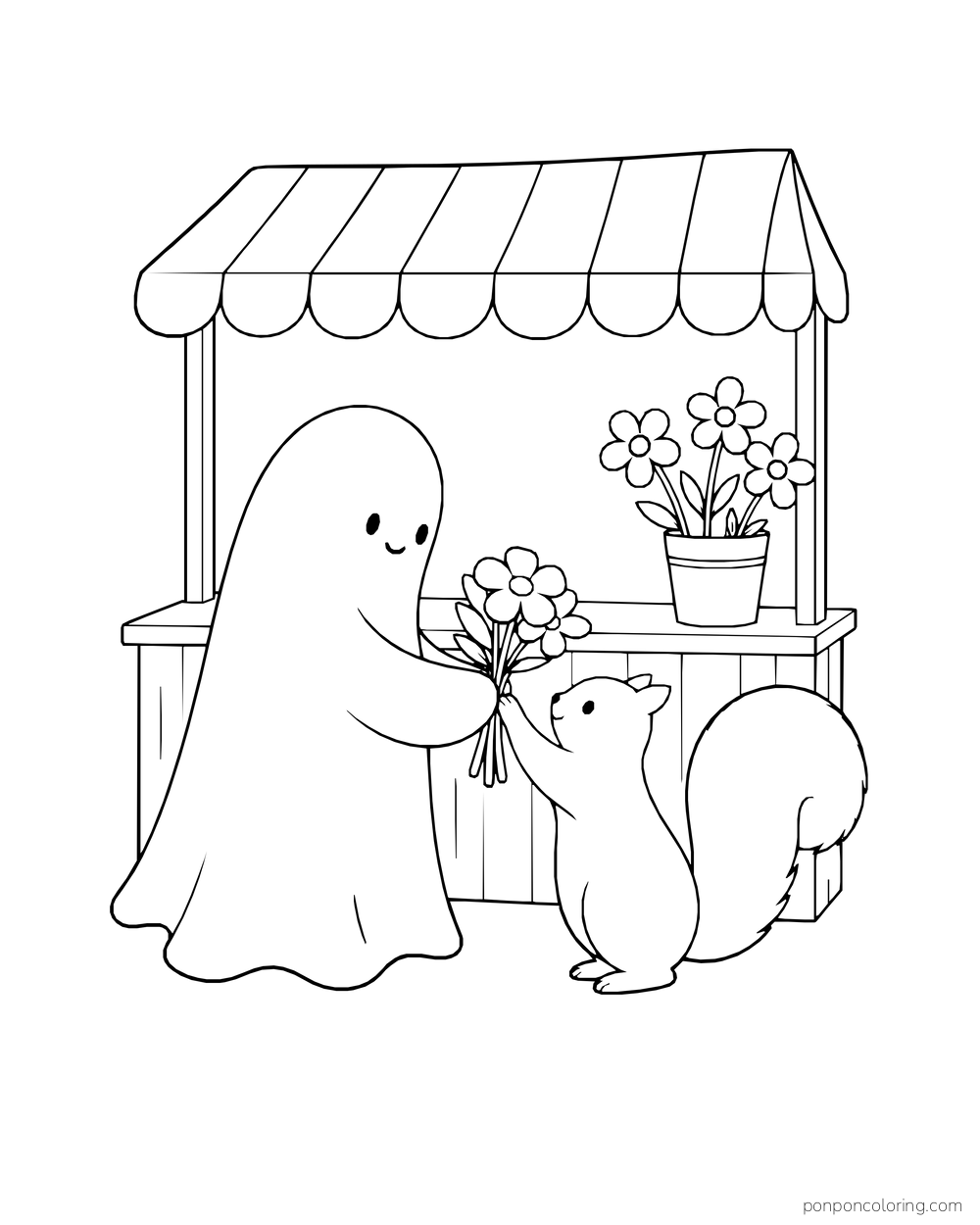 A ghost offers flowers to a squirrel at a market stall.