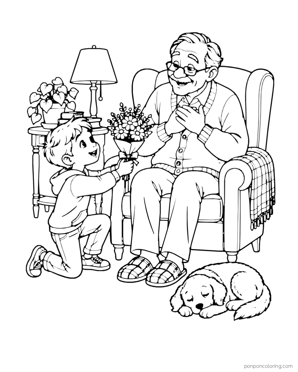 A child gives flowers to a grandfather sitting in an armchair beside a sleeping dog.