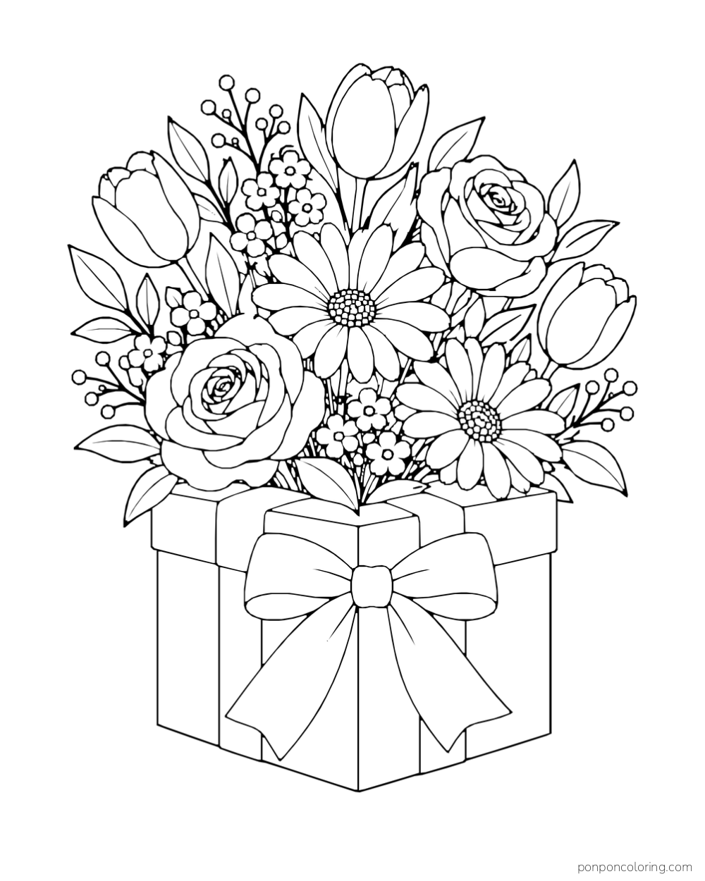 Tulips, roses, daisies, and small blossoms fill a square gift box tied with a large bow.