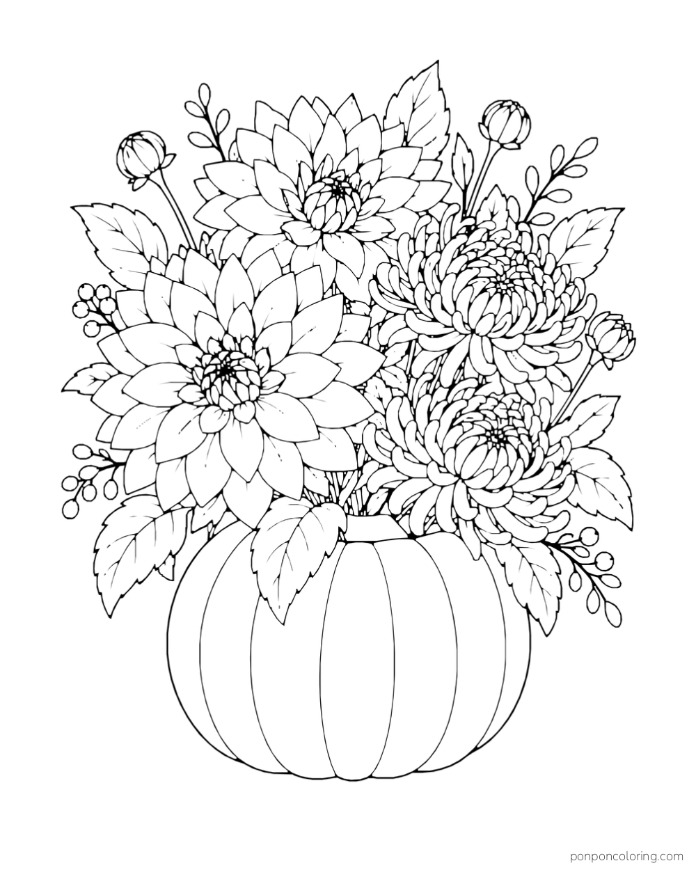 Layered dahlias and chrysanthemums fill a rounded pumpkin-shaped vase.