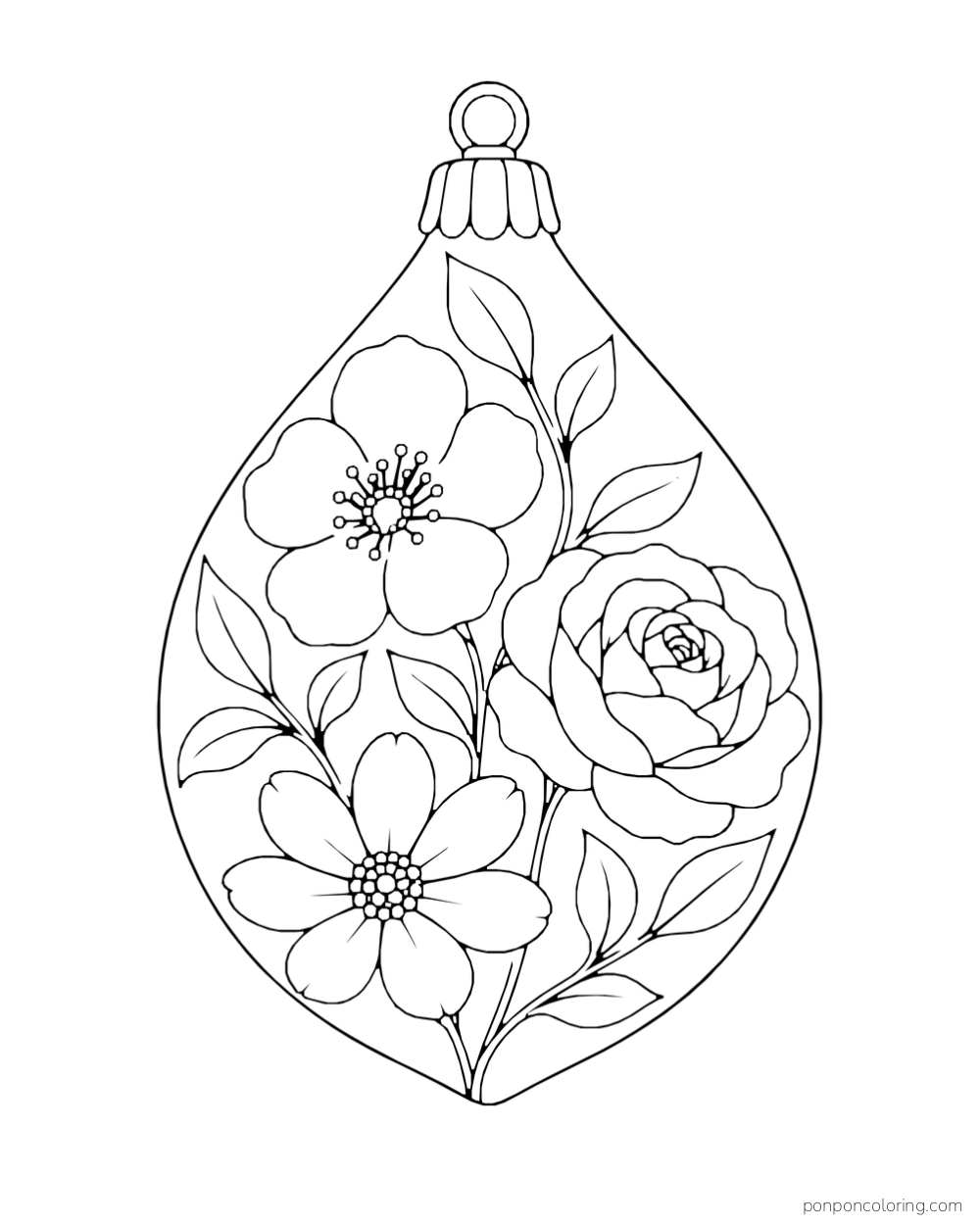 A teardrop-shaped hanging ornament holds a rose, two open flowers, buds, and leaves.