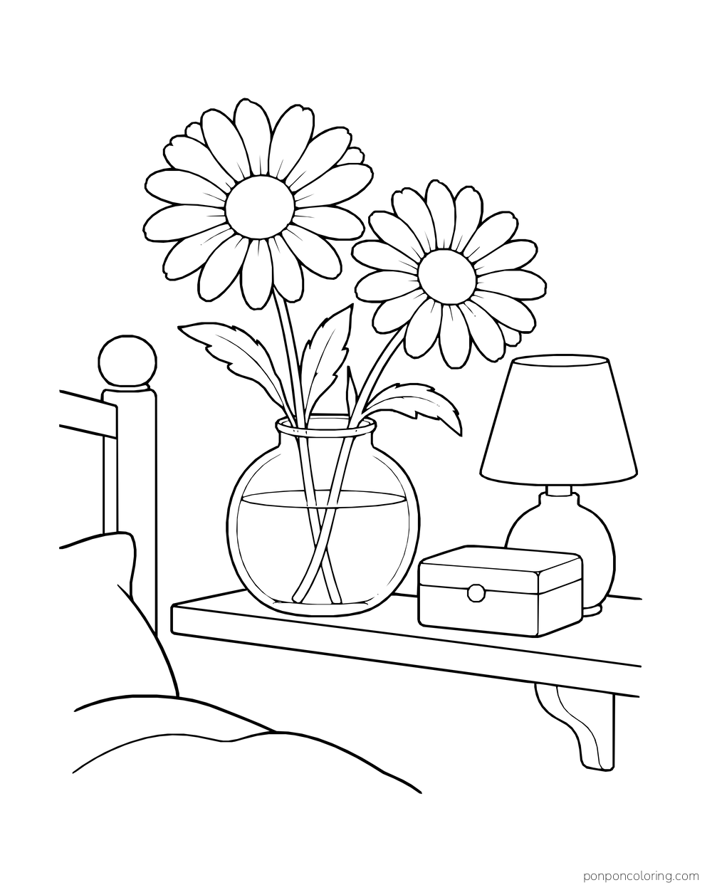 Two daisies in a round vase sit on a bedroom shelf beside a lamp and small box.