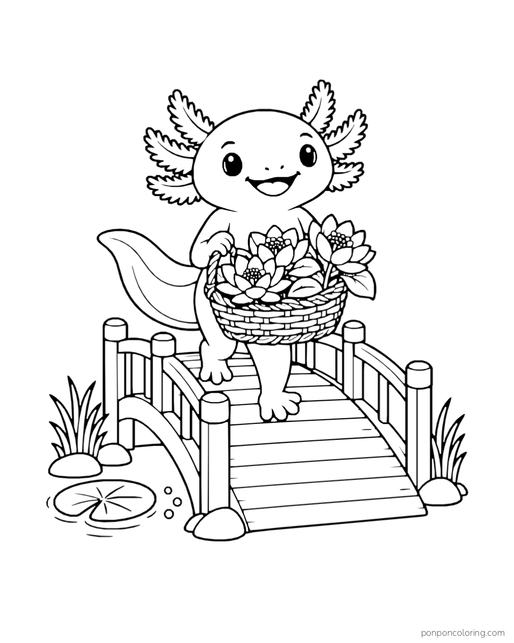 Axolotl carrying a basket of pond flowers while walking across a short wooden footbridge.