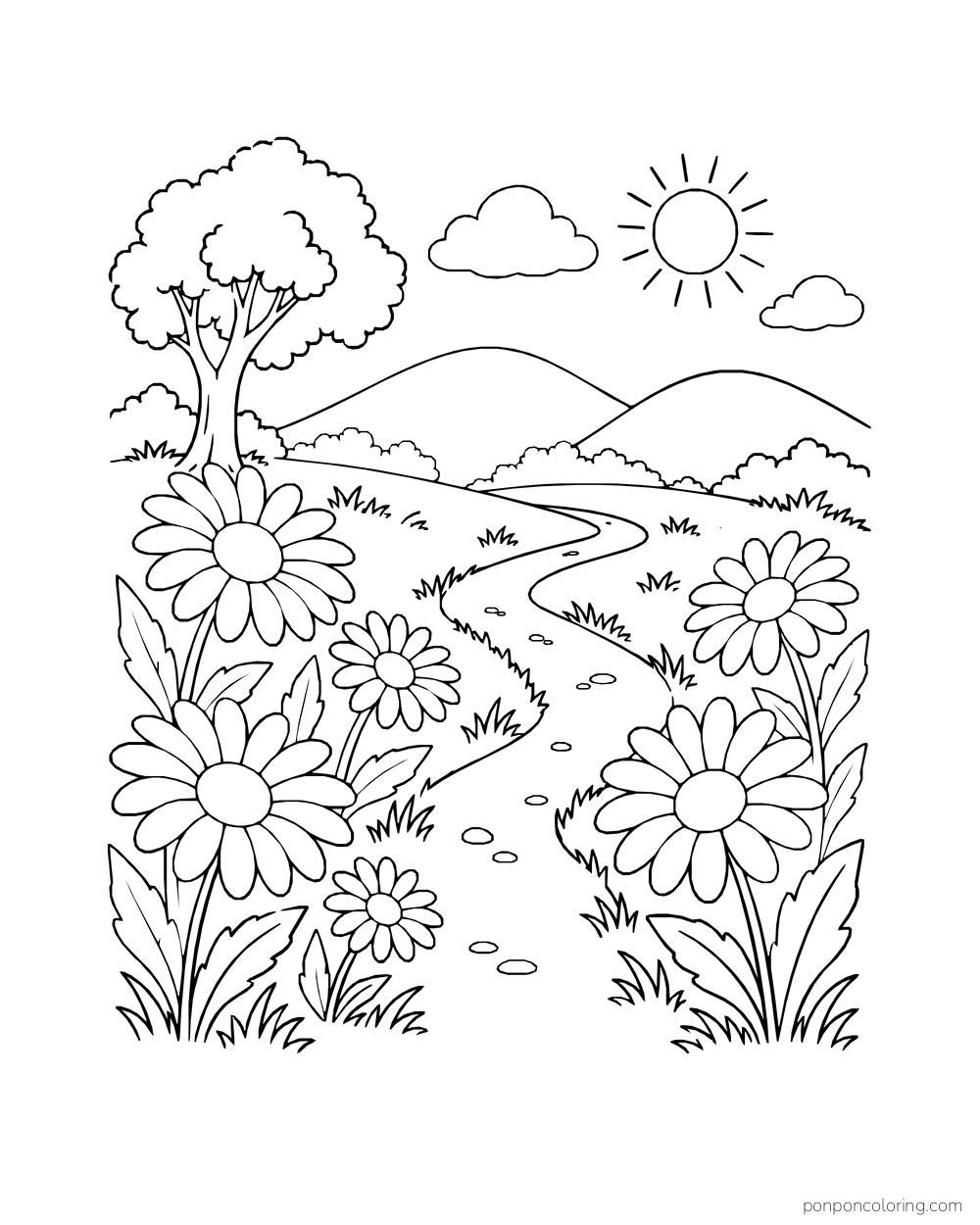 Clusters of daisies line a winding path toward rounded hills beneath a small sun.